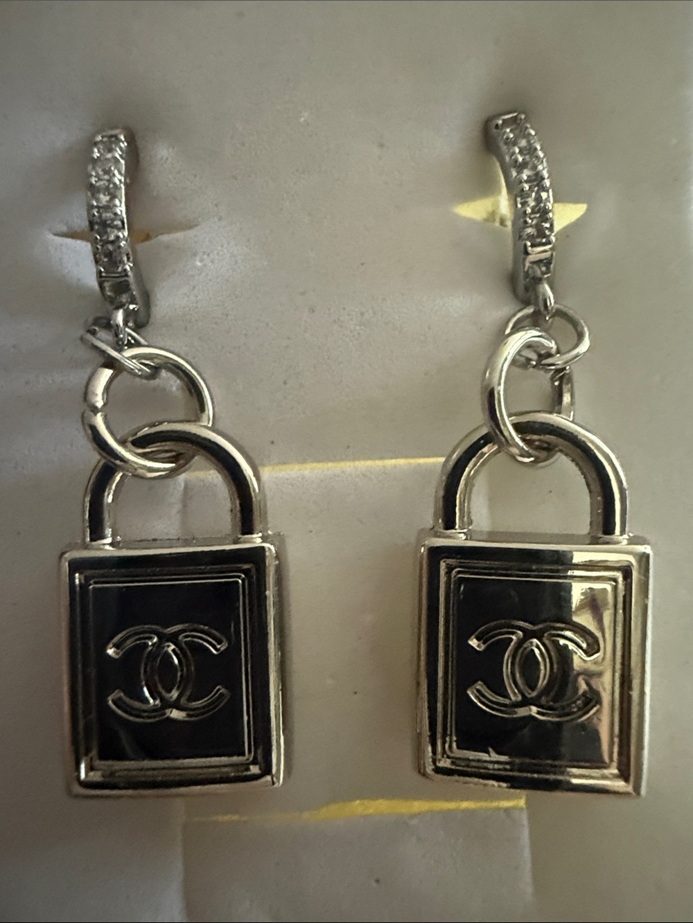 Silver Padlock Drop Earrings with Crystal-Accented Hoops - Picture 8 of 8